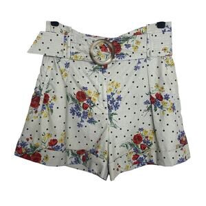 Sezane Rome Poppy Shorts Women 38 Beige Polka Dot Floral Linen Cotton High Rise